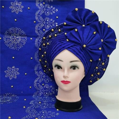 Shawl scarf beaded lace sewing fabric for party+african headties nigerian gele headties with stones women head wrap