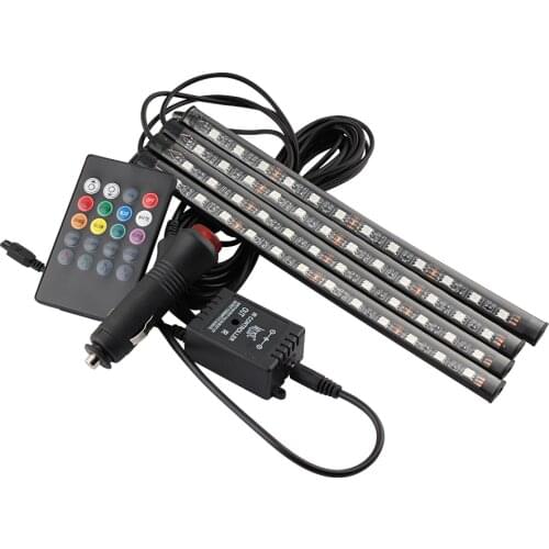 4Pcs Car Interior DC 12V Car RGB LED Strip Light Multicolor Music Remote Control LED Under Dash Lighting Auto Decorative Kit