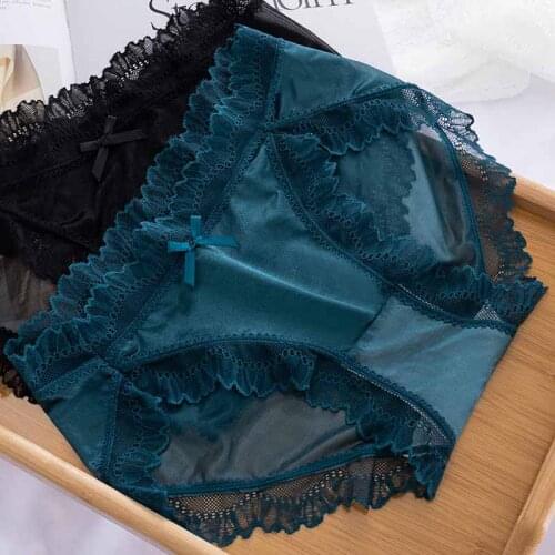 Wasteheart Women Fashion Green Soft Lace Trim Cotton Bow Mid Waist Panties Underwear Lingerie Briefs Plus Size Underpants M L XL