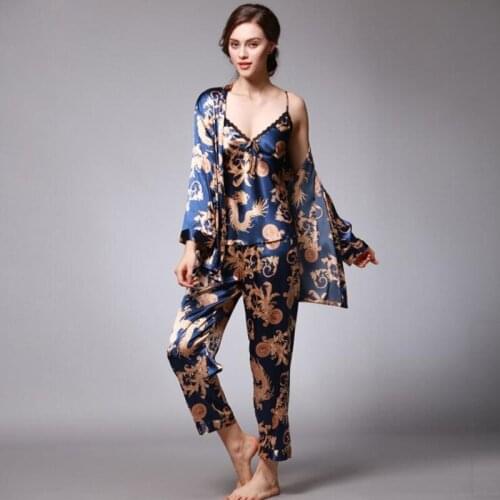 YT- 035 Women Satin Sleepwear Home Wear Silk Pyjama Suit Graphic Print V Neck Female Ladies Plus Size Dragon Pajamas Sets