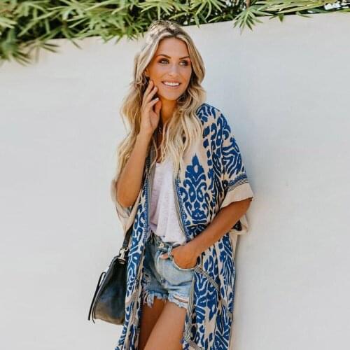 Women Summer Beach Shawl Cardigan Short-Sleeved Printed Pompon Kimono Smock Mid-Length Coat Bali Seaside Holiday Casual Women