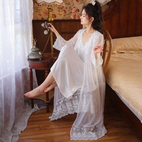 Women Pijama Sleep Gown Lace Robe Sets Mesh Bridemaid Robes Peignoir Romantic Nightgown Victorian Vintage Fairy Long Night Dress