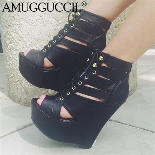 2020 New Arrival Plus Big Size 35-48 Black Lace Up Fashion High Heel Platform Girls Females Lady Wedge Shoes Women Pumps D1279