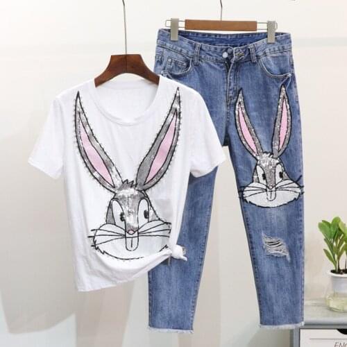 High Quality 2 Piece Set Women Autumn Winter New Heavy Work Sequins Cartoon Rabbit Knit Sweater Slim Jeans Suit Womens clothing