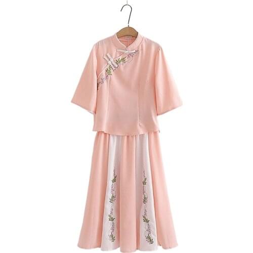 Pink Chiffon Womens Two Piece Sets Floral Embroidery Stand Collar Blouse And Elastic Waist Knee Length Skirts Sweet Summer Sets
