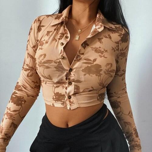 2021 Autumn Winter Women Hot Bodycon Turndown Collar Shirt Sexy Mesh Long Sleeve Floral Printed Casual Slim Crop Top