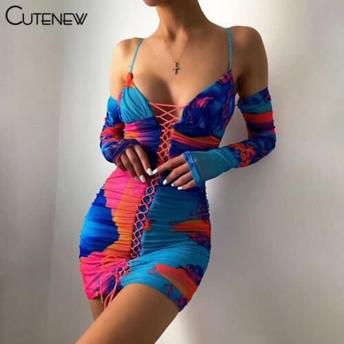 Cutenew Fashion Tie Dye Bandage Strapless Bodycon Dress Women Autumn Sexy Deep V-Neck Long Sleeve Ruched Elastic Lady Streetwear