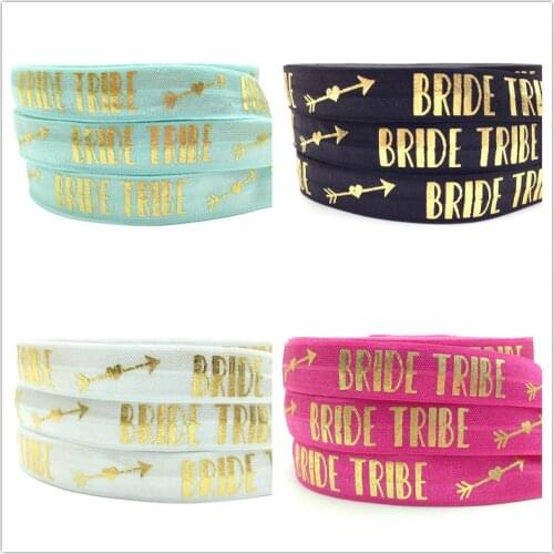 10 yards /lot Gold Foil Bride Tribe Print Fold Over Elastic 5/8" FOE Elastic Ribbon for DIY Hair Supplies Hair Accessories