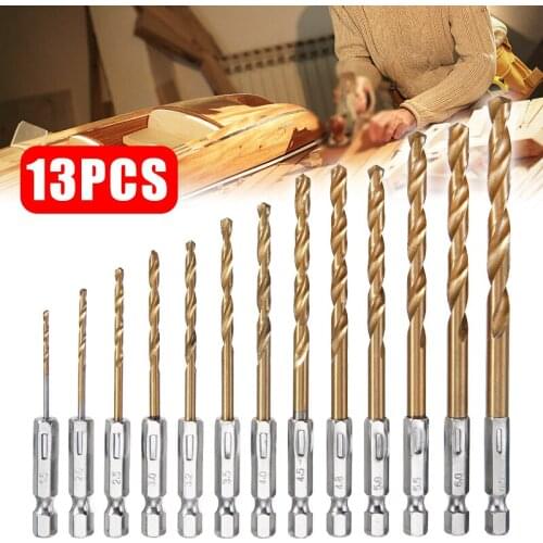 13pcs HSS Titanium Coated Twist Drill Bits Wood Hole Drilling Drill Bit 1/4''Hex Shank Set 1.5-6.5mm For Cordless Screwdrivers