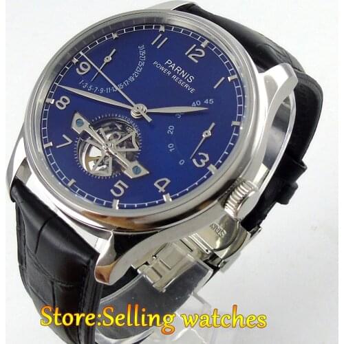 43mm parnis blue dial deployment clasp power reserve automatic mens watch 547