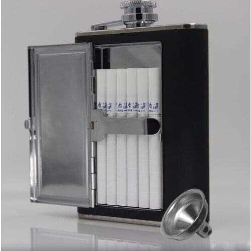 50pcs Stainless Steel Flagon 5/6oz Hip Flask Built-in Cigarette Case Flask With Funnel Wine Whiskey Alcohol Drinkware MIXORDER