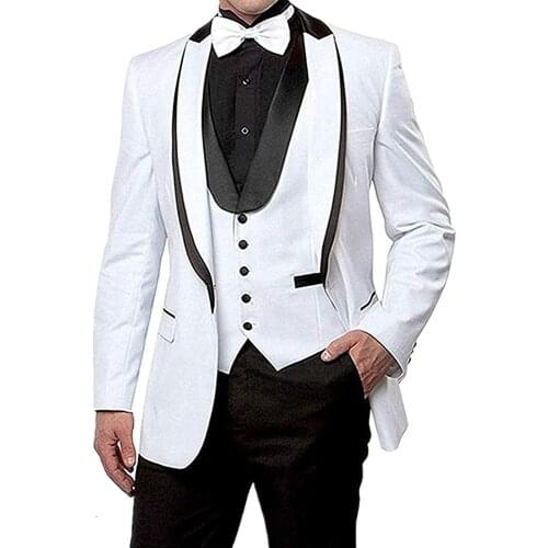 White Three Pieces Mens Wedding Suits Slim Fit Two Buttons Shawl Lapel Jacket Vest Pants Button Down V Neck Business Costumes