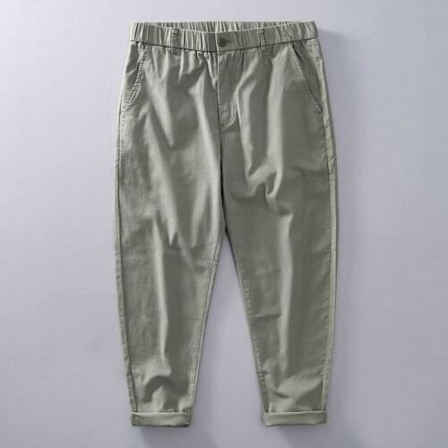 L8215 Men Trendy Casual Cargo Pants Summer Cotton Loose Retro Youth Solid Color Simple Zipper Elastic Waist Nine Point Trousers