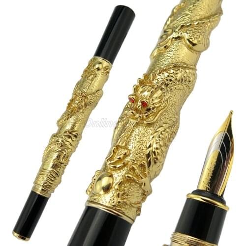 Jinhao Metal Brilliant Golden Oriental Dragon Carving Embossing Medium Nib Heavy Fountain Pen Office School Gift Pen