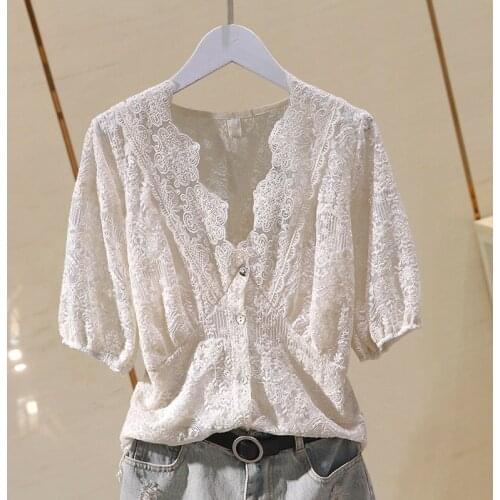 Lace Hollow Out Women Shirts Summer Sweet Style 2021 V-Neck Half Sleeved Slim Elegant Office Lady Outwear Blouse Tops
