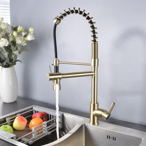 SHAMANDA Kitchen Faucet, FauHigh Arc Kitchen Sink Faucet with Pull Down Spring Spout and Pot Filler,,Brushed Gold/Matte Black