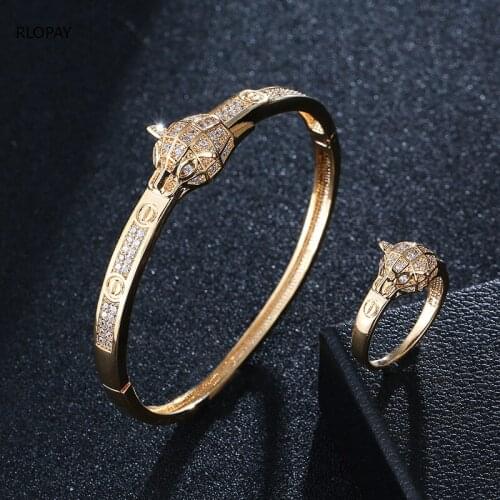 Micro Tension Setting Cubic Zirconia Bracelet Sets for Women Top Quality Copper Gold Bangle with Ring Leopard Bangle Sets