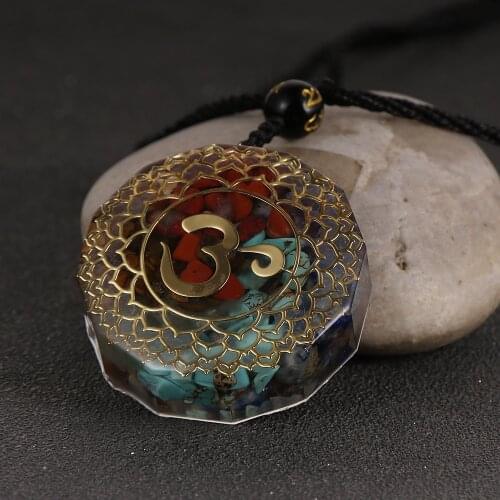 Natural Stone 7 Chakras Chips Gravel OM Oronge Pendnat Necklace Yoga Healing Energy Orgonite Pendulum EMF Protection Jewelry