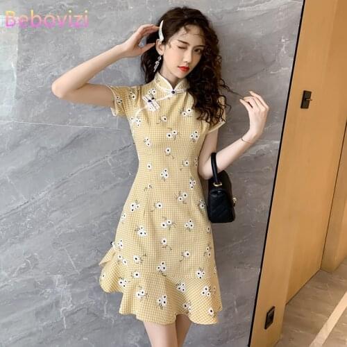 Green Yellow Slim Sexy Party Casual Qipao Traditional Chinese Clothes Modern Cheongsam Fishtail Mini Dress for Women Chi Pao