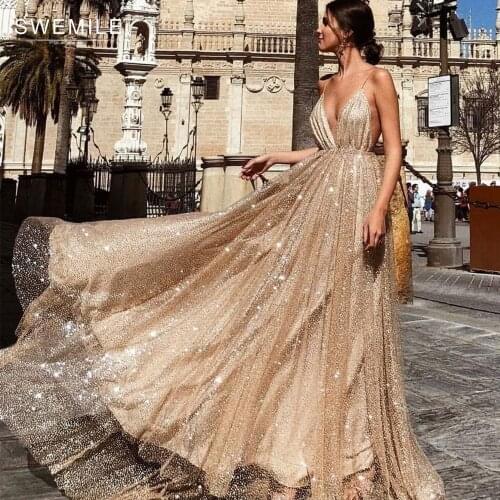 Sexy Bronzing Tulle Sequined Wedding Dresses Backless V Neck Bridal Gown Princess Party Dress Sleeveless Bride To Be