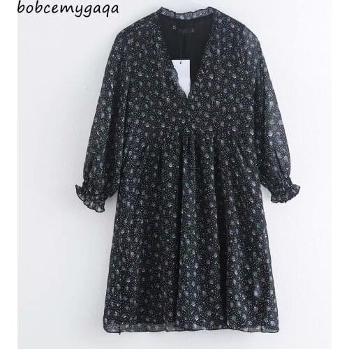 Floral Print Ruffles Dress Women short Sexy High Waist Floral Mini Dress Casual V Neck Long Sleeve dress Vestidos Mujer