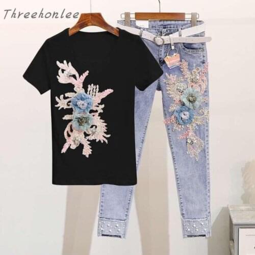 Plus Size Women 2 Piece Set Heavy Work Embroidery Flower Tshirts + Print Jeans 2 Pcs Clothing Sets Casual Denims Suits