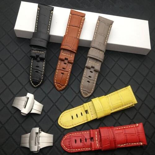 Yellow Red Black 24mm Italy Genuine leather shiny bamboo Watchband For Panerai strap Butterfly Buckle watch band tools
