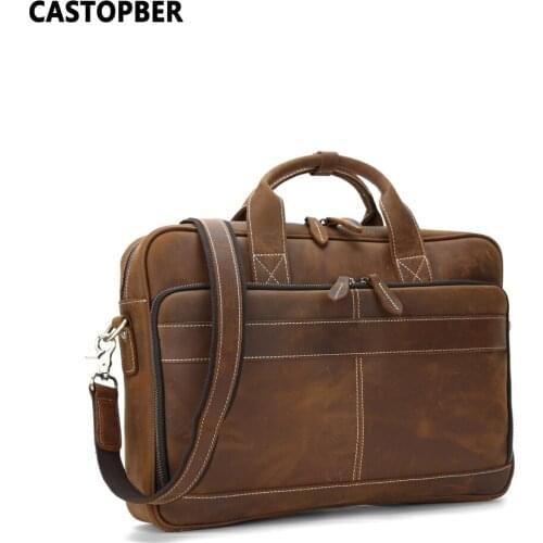 Retro Mens Brown Leather Briefcase Bag With Laptop Compartment Crazy Horse Cowhide Genuine Leather Handbag Male Shoulder Zipper