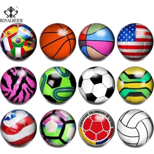 ROYALBEIER 12pcs/lot Colorful Mixed Colored Sports Balls Glass Cabochon Buttons For Snap Jewelry Good Quality Jewelry KZ0860a