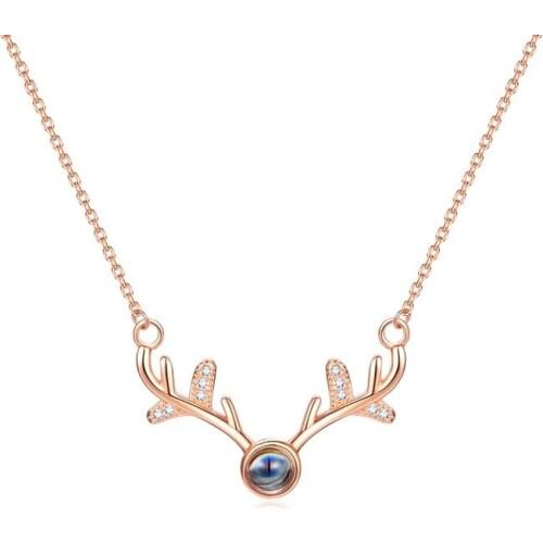 S925 Sterling Silver Christmas Reindeer Necklace A Deer Has You 100 Languages I Love You Projection Jewelry