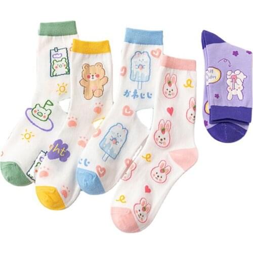 Pink Socks Womens Kawaii Cute Cartoon Bear Piggy Rabbit Womens Socks Fashion Japanese Lolita Purple Cotton Socks