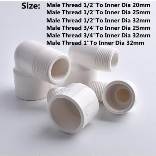 20 25 32mm To 1/2" 3/4" 1" White PVC Connector 90 Degrees Equal Reducer Coupling Male Thread Elbow Joint Garden Irrigation