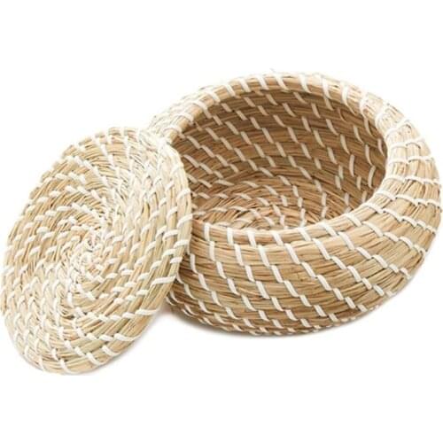 Handmade Straw Woven Storage Basket With Lid Snack Organizer Storage Box Laundry Baskets Rattan Storage Flower Basket