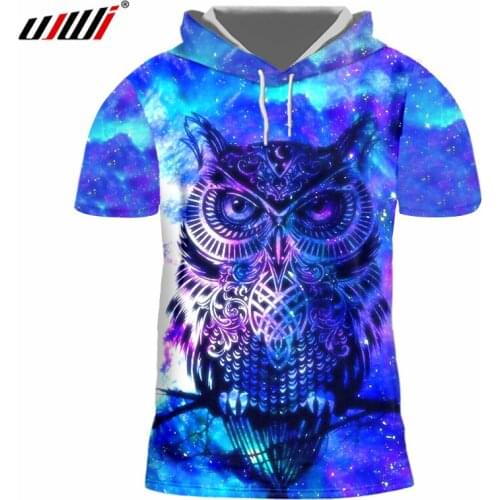 UJWI Galaxy Space Hat Tshirts Mens 3d Digi Print Bird Owl Hooded T-shirts Homme Slim Fit Bodybuilding Fitenss Undershirts Blouse