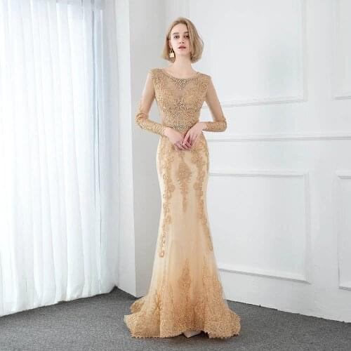 YQLNNE Elegant Gold Full Sleeve Evening Dresses Lace Embroidered Tulle Crystal Pearls Formal Evening Gown