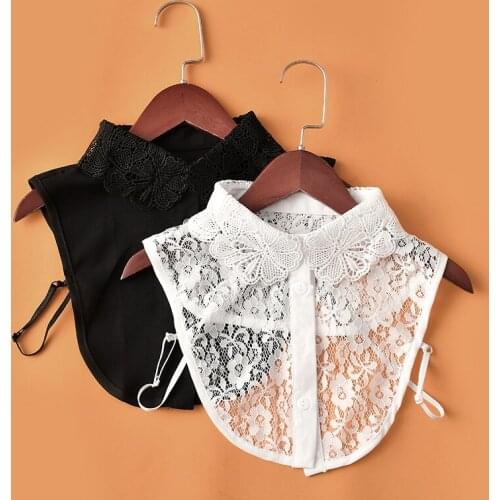 Women Cotton Chiffon Blouse Tops Chic Detachable Half Shirt Fake Collar Lady Embroidery Lace Cardigan Button Lapel False Collars