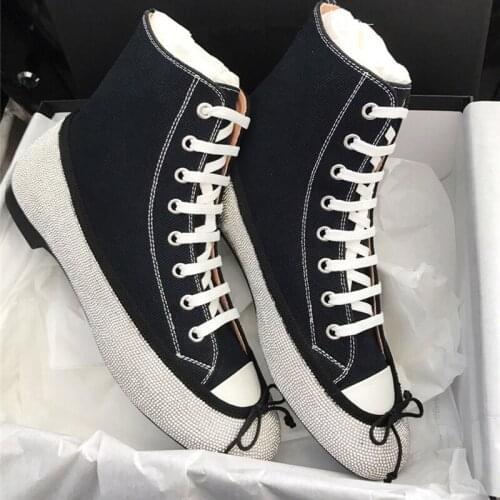 Ladies Bling Rhinestone Patchwork Canvas Cloth Ankle Boots Bowtie Decor Toe Women Lace Up Flat Crystal Sneaker Pink Satin Boots