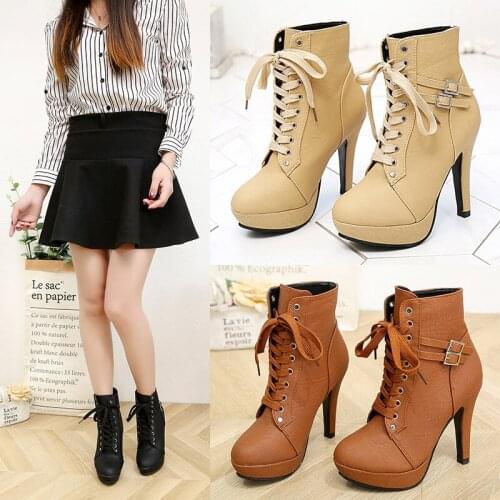 Plus Size 43 Women Ankle Boots Platform Lace Up High Heel Women Boots Buckle Solid Color Round Toe Sexy Ladies Shoes