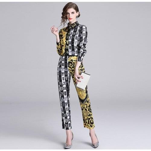 New arrive 2020 Autumn Fashion Designer Runway Suit Set Womens Long Sleeve Vintage Print irregular Tops + Pants Two Piece Set
