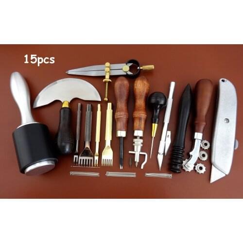 15pcs Leather Craft Edger Beveler Skiver Slicker Burnisher Groover Awl Chisel Tool Set - Sewing Stitching Carving Stamping Knife