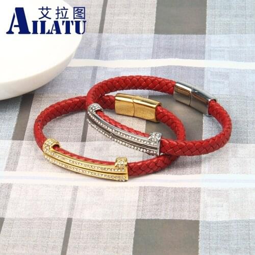 Red Genuine Leather Stainless Steel Bracelet Long CZ Tube Men Fashion Bangles Jewelry