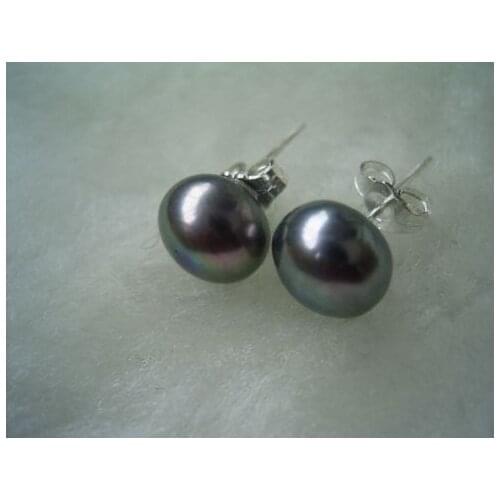 Free shipping NEW HOT 10-11 mm Tahitian Black Pearl Stud Earrings 14K/20 white SOLID GOLD