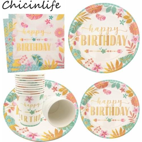Chicinlife Happy Birthday Disposable Tableware Flower Leaf Paper Plates Cups Napkins Baby Shower Adult Kids Birthday Party Decor