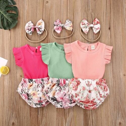 Little Girl T-shirt Shorts Bow Hairband Flower Printing Short Sleeve Round Neck Summer Cool Clothing