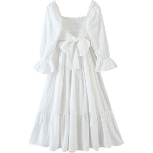 Elegant Bow Long Sleeve Pleated Midi Dresses for Women 2021 Spring Summer White Pleated Boho Dress Vestido Casual