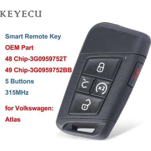 Keyecu 3G0959752T / 3G0959752BB KR5FS14-US OEM Smart Remote Key Fob 5 Buttons 315Mhz 48 / 49 Chip for Volkswagen VW Atlas 2018