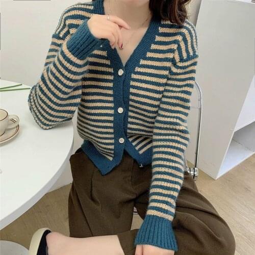 2021 autumn and winter new style V-neck striped sweater jacket female Korean version loose contrast color knitted cardigan