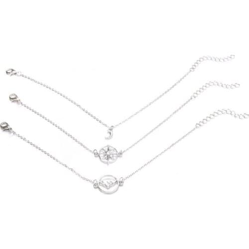 3Pcs Boho Multilayer Women Hollow Compass/Mountain/Moon Charm Chain Bracelet