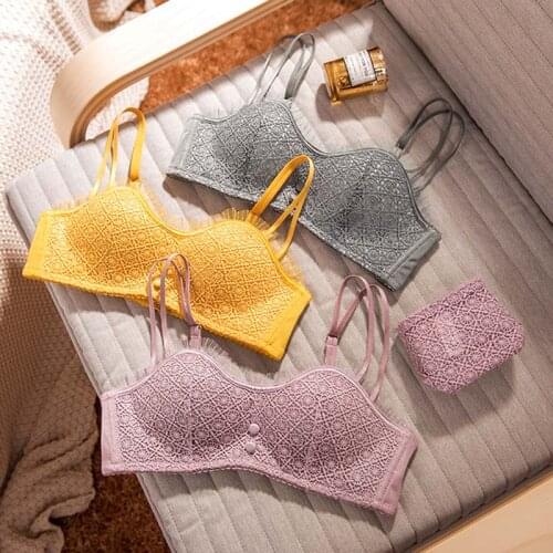 Wasteheart Women Fashion Purple Gray Sexy Lingerie Wireless Bra Sets Lace Trim Cotton Panties Briefs Women Underwear Lovely A B