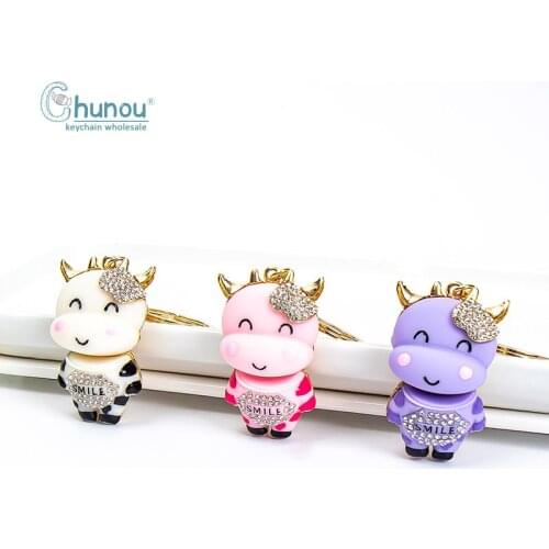 Korean Version of The Cow Keychain Cartoon Diamond-studded Cute Animation Keychain Ladies Bag Pendant Keychain Metal Key Ring